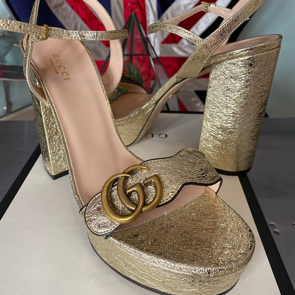 GUCCI Calfskin GG Marmont Ankle Wrap Platform Sandals 40.5